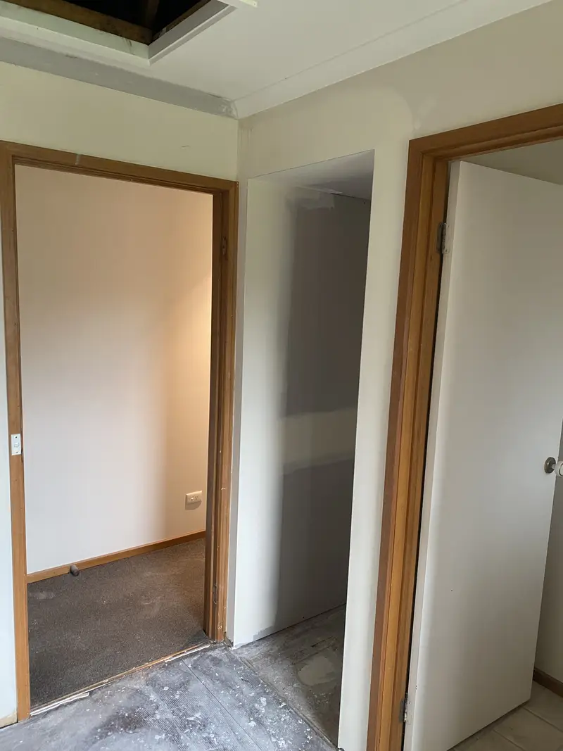 Full replaster of renovated room with fresh set coat in Seymour home