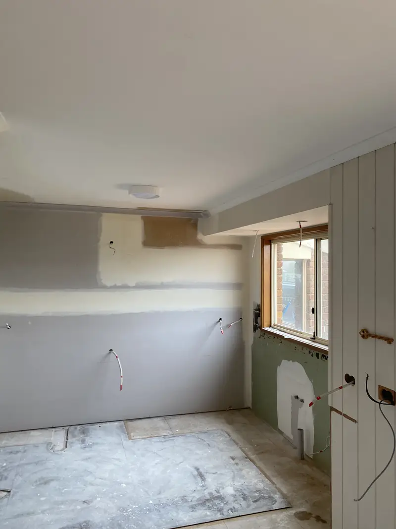 Completed renovation plastering with seamless finish ready for painting in Seymour